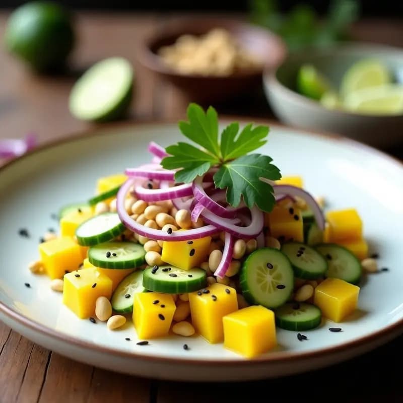 Ceviche de Mango Verde y Cacahuete: Receta tailandesa-peruana Fusion sin Pescado en 15 Minutos