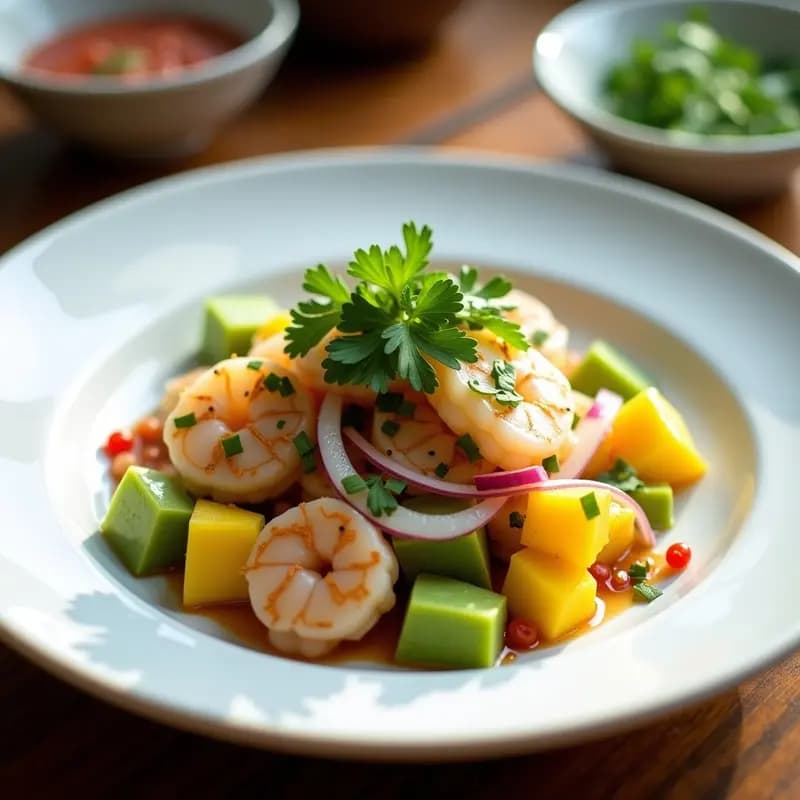 Ceviche de Mango Verde y Camarones de Konjac: Receta Peruano-Asiática Keto y Refrescante