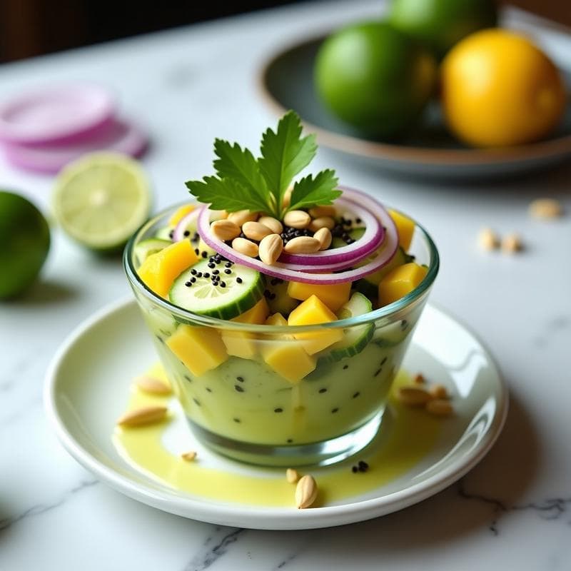 Ceviche de Mango Verde y Pepino con Aliño de Limón Kaffir: Receta Peruana-Tailandesa en 15 Minutos