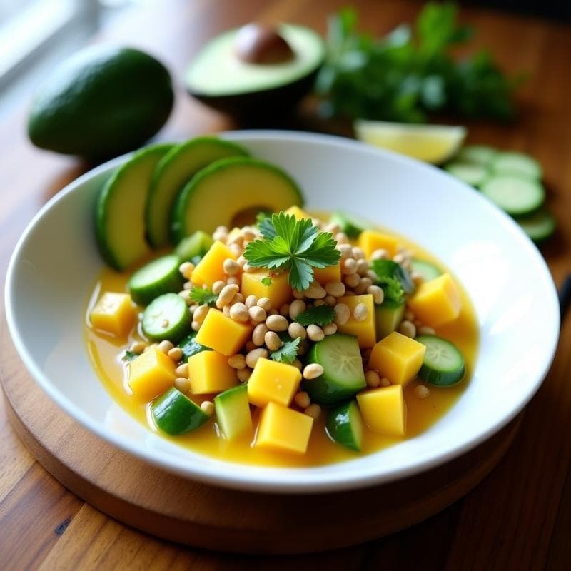 Ceviche de Mango Verde y Pepino con Tigre de Lulo: Receta Colombiana Vegana y Acidulada