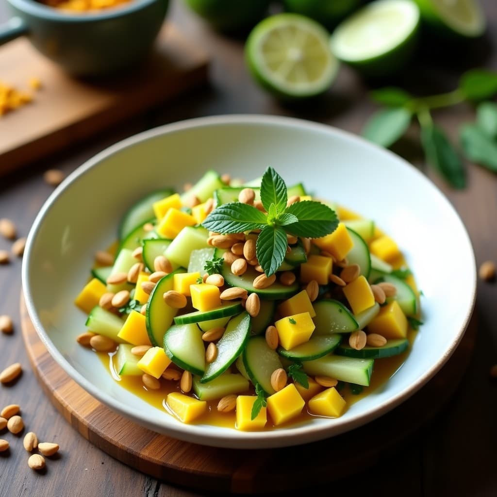 Ceiche de Mango Verde y Pepino con Crujiente de Semillas de Calabaza: Receta Vegana Perú-Ecuatoriana