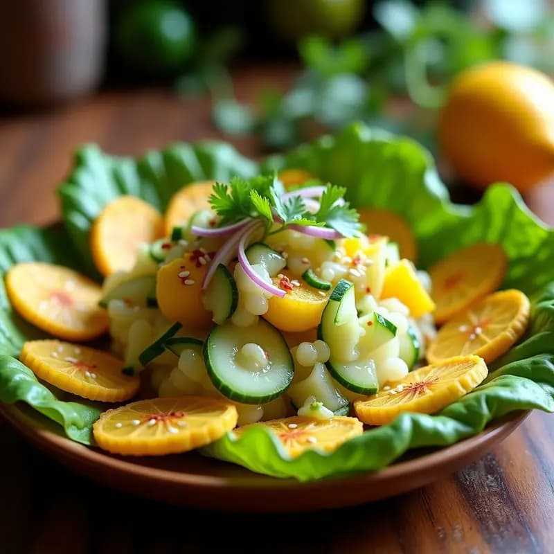 Ceviche de Mango Verde y Pepino: Receta Salvadoreña Vegana con Chips de Plátano