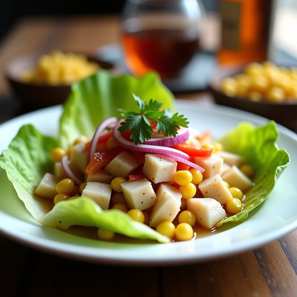 Ceviche de Mero con Lechuga Romana y Maíz Tostado: Receta Peruana Baja en Calorías
