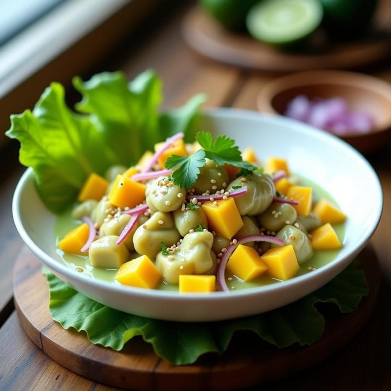 Ceviche de Palmito y Mango: Receta Vegana con Leche de Tigre de Aguacate y Lima