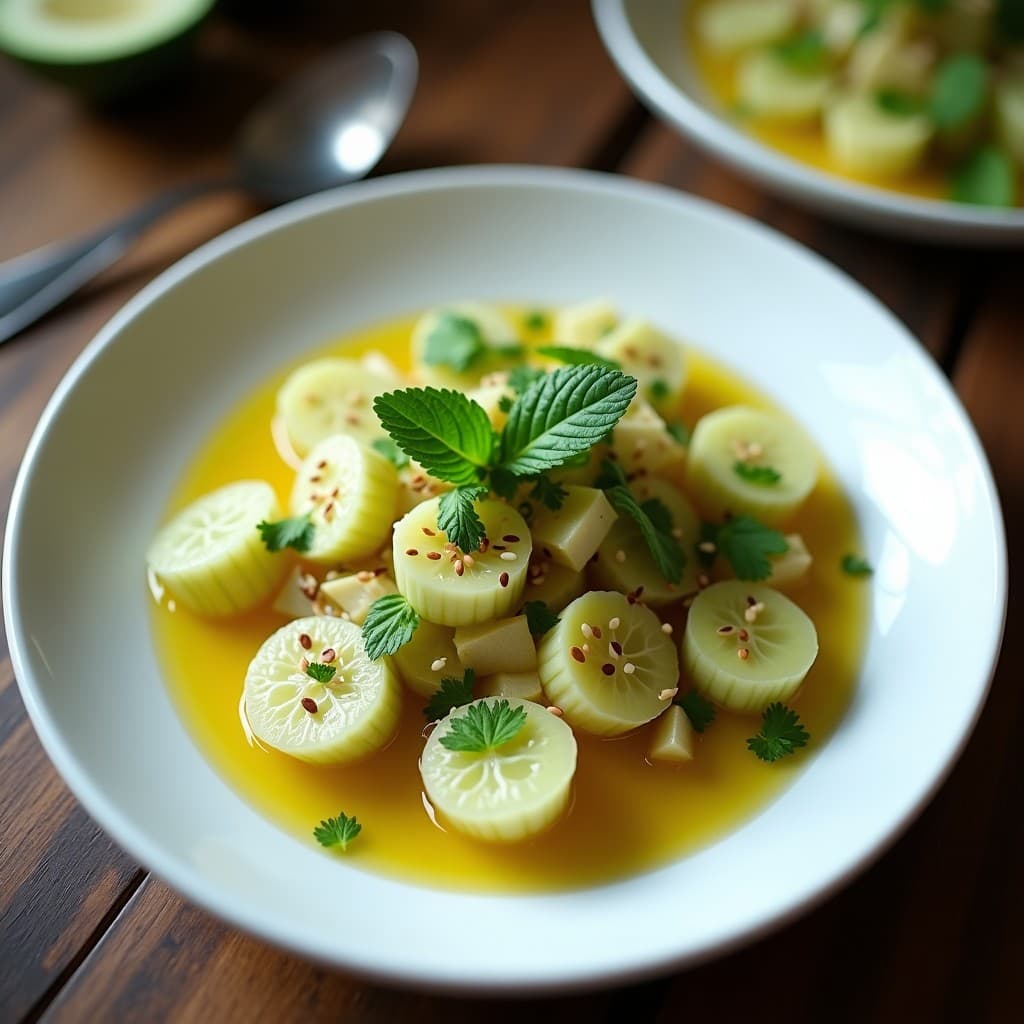 Ceviche de Palmito y Pepino con Vinagreta de Cocona: Receta Amazónica Vegana y Sin Pescado