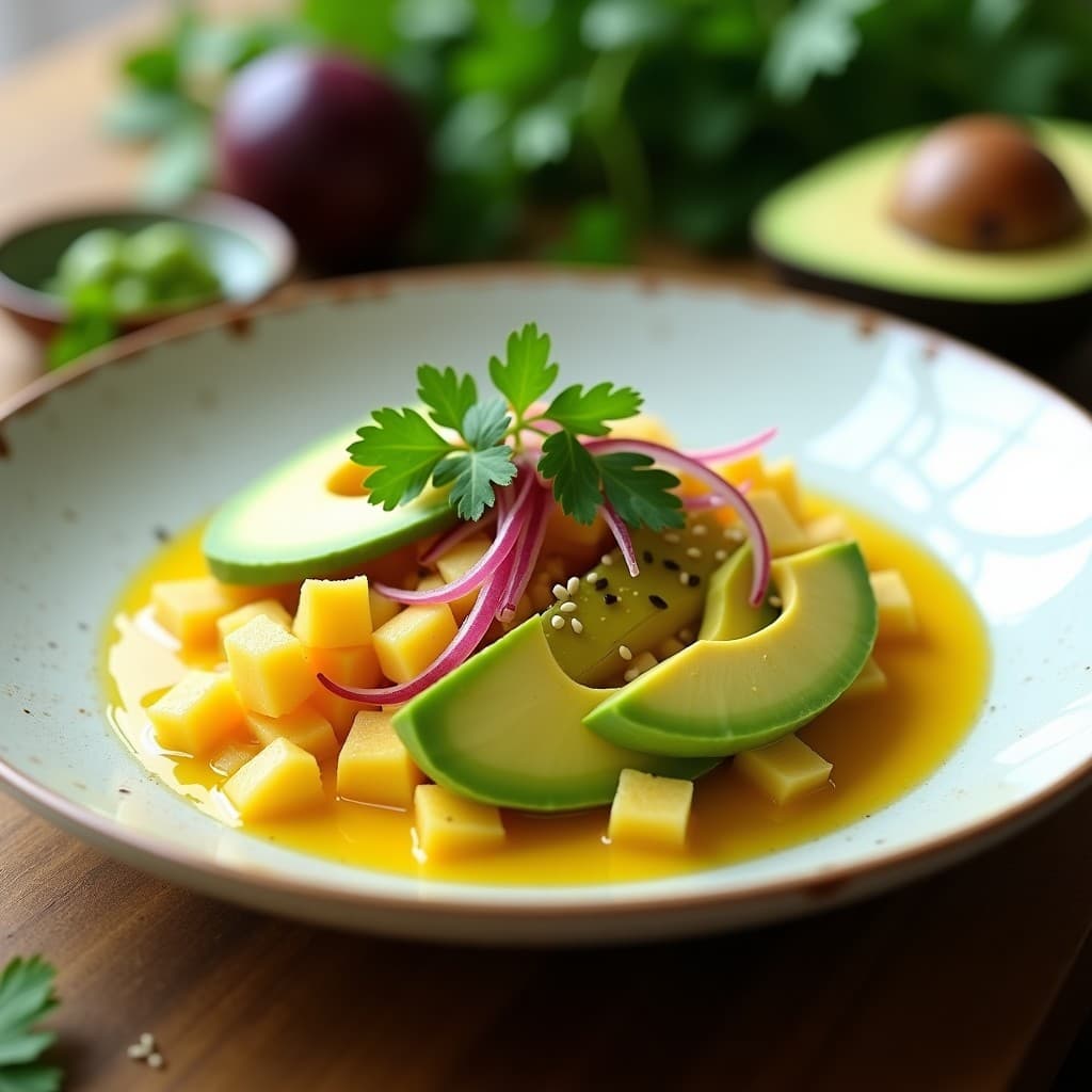Ceviche de Palmitos y Aguacate con Leche de Tigre de Maracuyá: Receta Vegana y Sin Gluten
