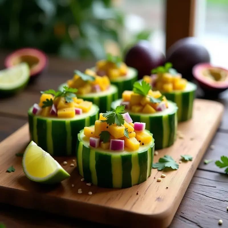 Ceviche de Palmitos en Copas de Pepino con Vinagreta de Maracuyá y Jengibre