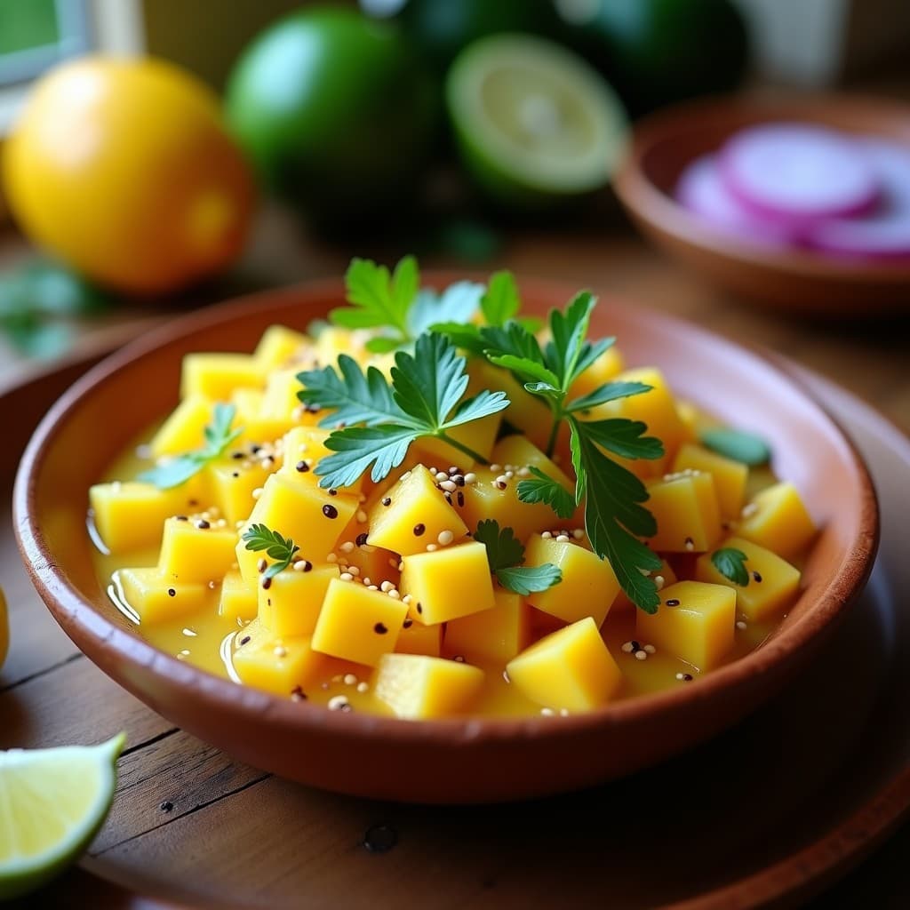 Ceviche de Palmitos y Mango con Leche de Tigre de Ají Charapita: Receta Amazónica Vegana