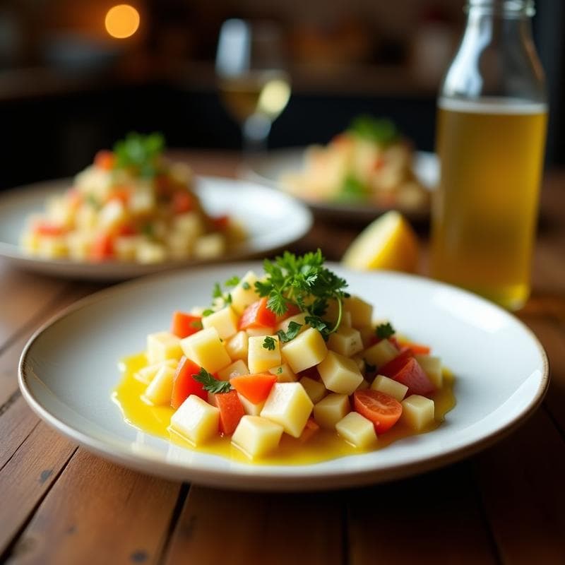 Ceviche de Palmitos y Pimiento Amarillo con Leche de Limón: Entrante Peruano Vegano