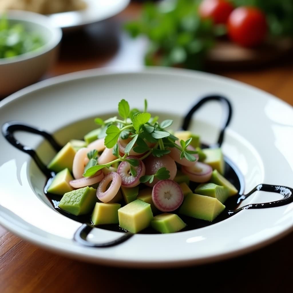 Ceviche de Palta Hass con Chipirones en su Tinta: Receta Fusion Peruano-Española en 15 Minutos