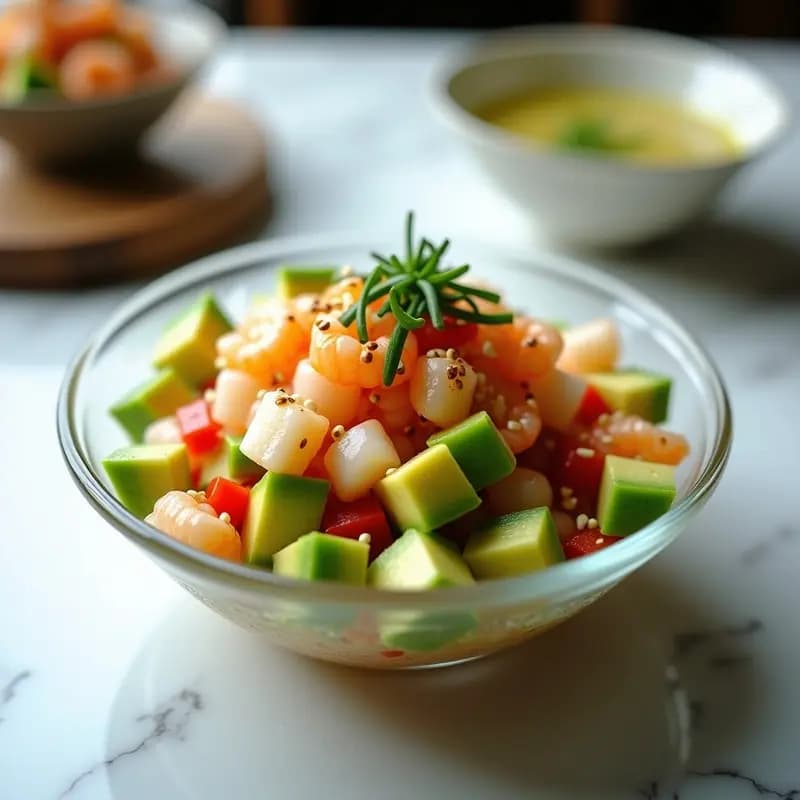 Ceviche de Palta y Langostinos con Vinagreta de Yuzu: Receta Nikkei Gourmet en 15 Minutos
