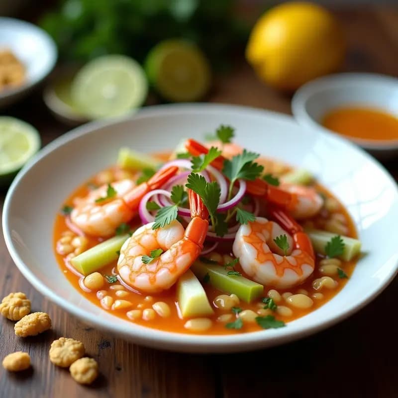 Ceviche Peruanos de Camarones con Leche de Tigre y Cancha Serrana: Receta Fresca y Picante en 15 Minutos