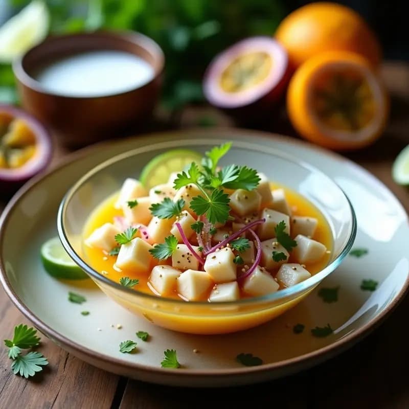 Ceviche de Pescado Blanco con Leche de Cocotero y Maracuyá: Receta Peruanos-Tropical con Toque Cítrico