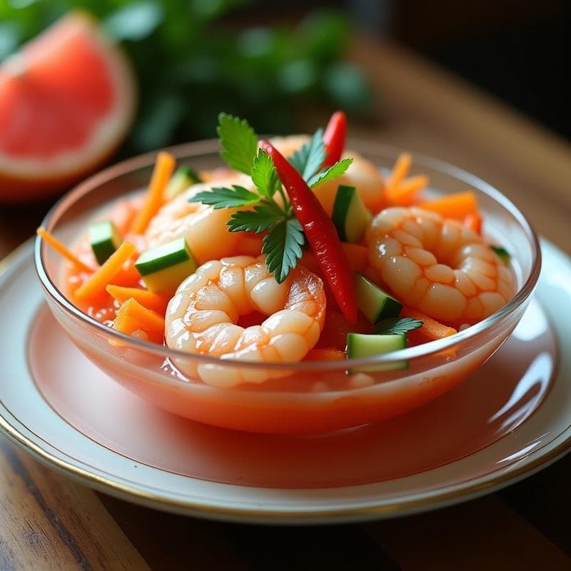 Ceviche de Pomelo Rosa y Camarones: Receta de Fusión Peruano-Vietnamita con Salsa Nuoc Cham