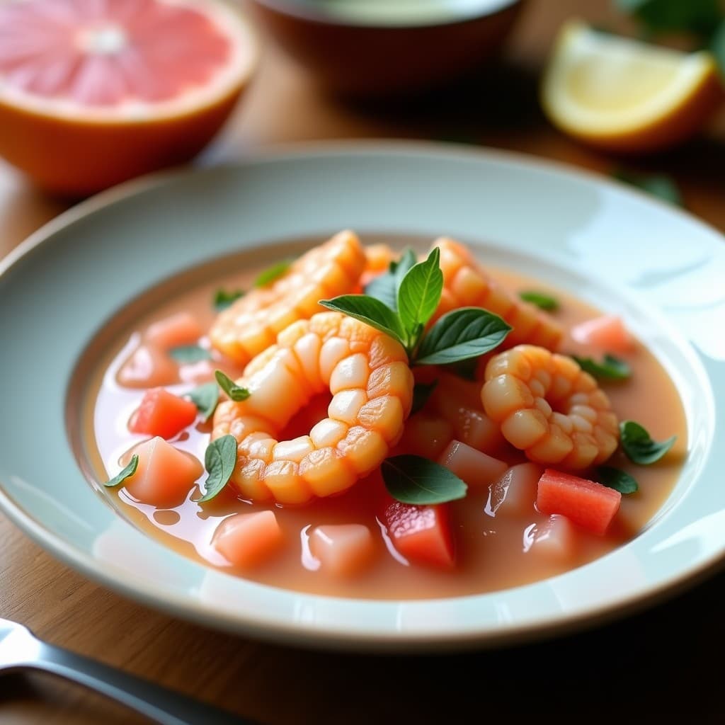Ceviche de Pomelo Rosa y Langostino con Leche de Coco: Receta Tailandesa Fresca y Cítrica