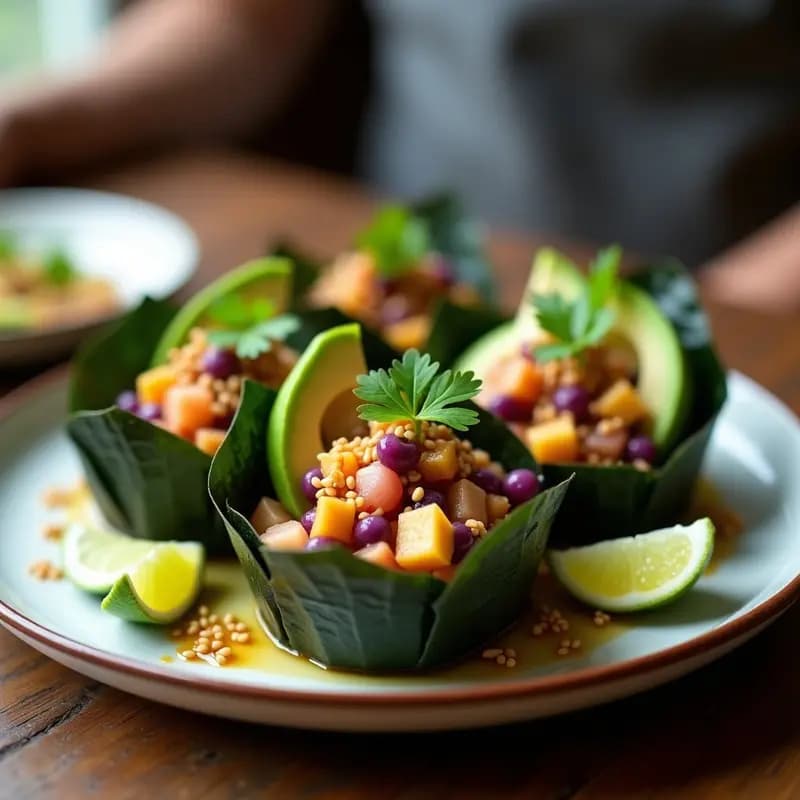 Ceviche de Pulpo con Aji Amarillo y Maíz Morado en Copa de Algas Nori