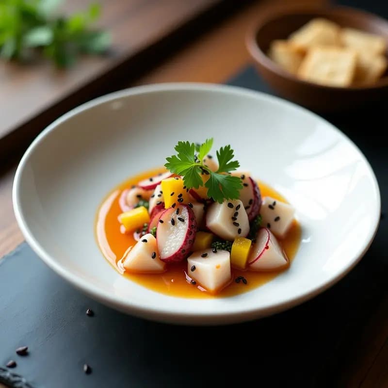Ceviche de Pulpo y Algas Wakame: Receta Peruana-Japonesa con Leche de Tigre de Jengibre
