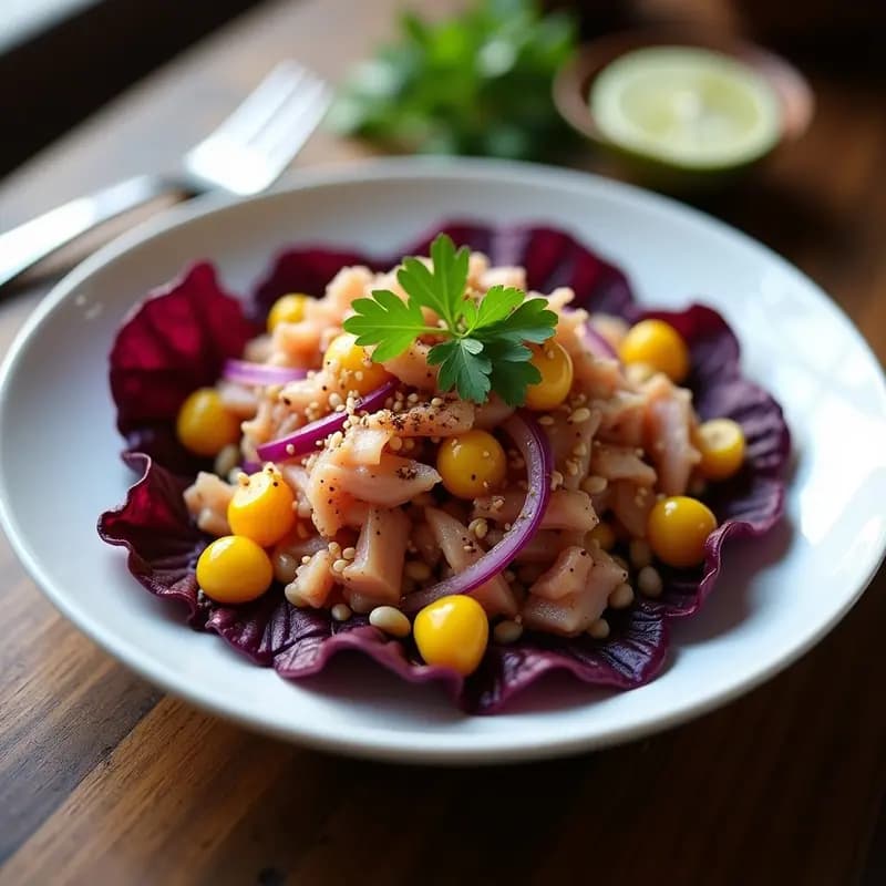 Ceviche de Pulpo con Batata Morada y Maíz: Receta Peruana Vegana y Colorida