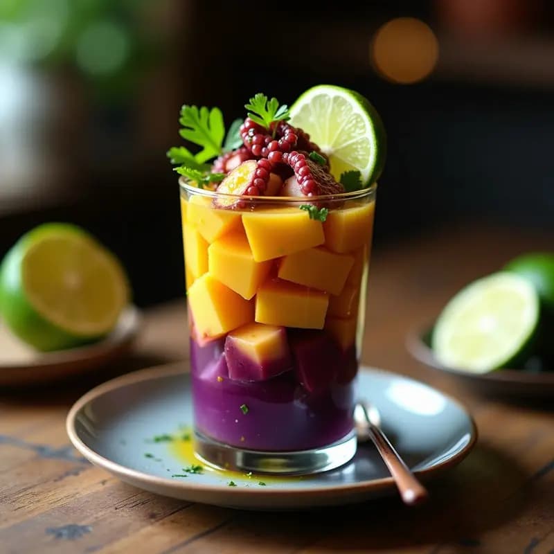 Ceviche de Pulpo y Batata Morada: Receta Peruana con Ají Amarillo en Vaso