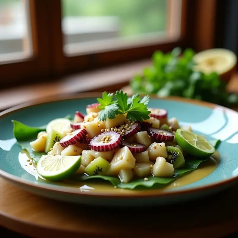 Ceviche de Pulpo y Kiwi con Leche de Limón: Entrante Peruano-Japonés Fusion