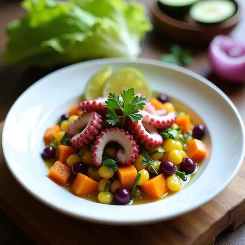 Ceviche de Pulpo Peruano con Maíz Morado y Camote: Receta Fresca y Sin Cocción