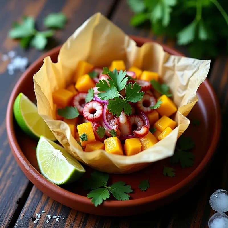 Ceviche de Pulpo con Mango y Cilantro: Receta Peruana en Papillote con Toque Picante