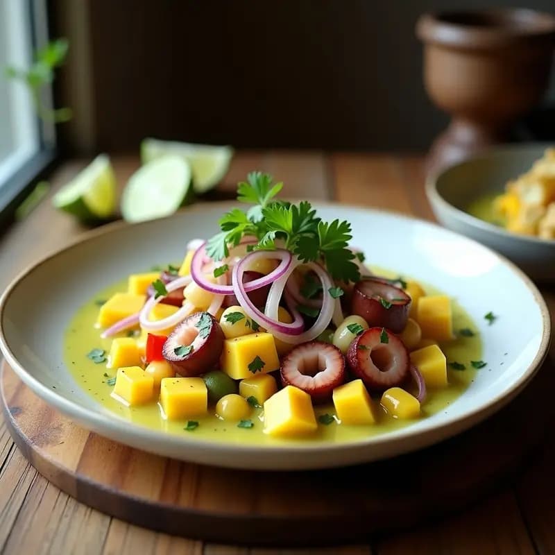 Ceviche de Pulpo y Mango Verde: Receta Ecuatoriana con Lechuga de Tigre y Maíz Tostado