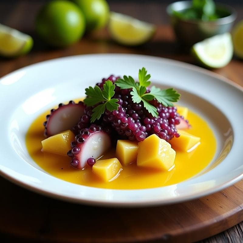 Ceviche de Pulpo y Maracuyá con Crujiente de Maíz Morado: Receta Peruana en 15 Minutos