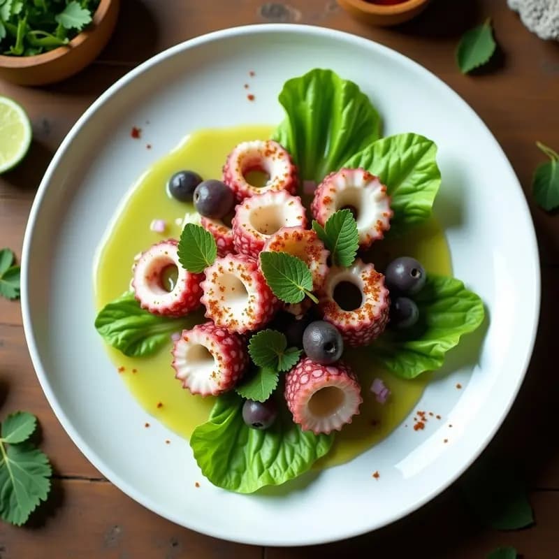 Ceviche de Pulpo y Olivo Kalamata: Receta Peruana-Griega con Leche de Limón Verde