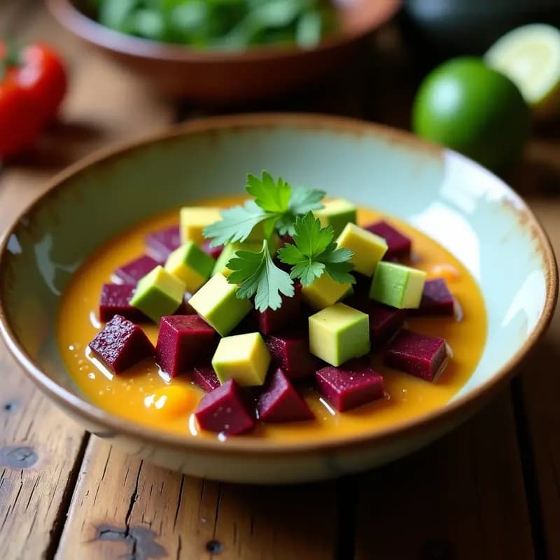 Ceviche de Remolacha y Aguacate con Leche de Tigre de Tomate Amarillo: Receta Vegana Peruana