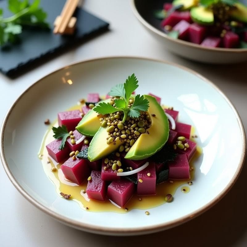 Ceviche de Remolacha y Aguacate con Leche de Yuzu: Receta Vegana y Crudivegana con Toque Japonés