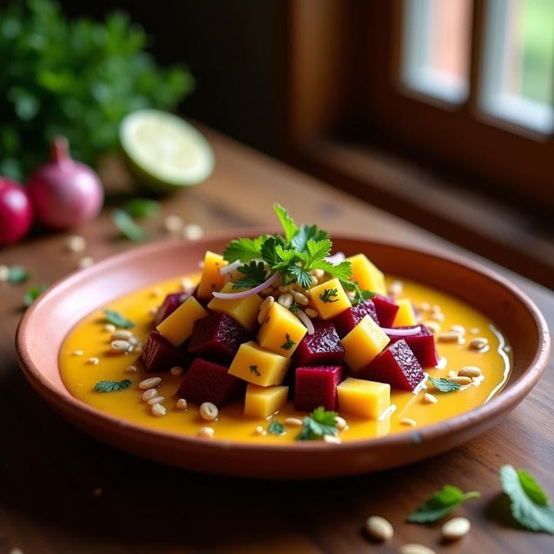 Ceviche de Remolacha y Mango con Leche de Tigre de Marquesita: Receta Fusion Peruano-Mexicana