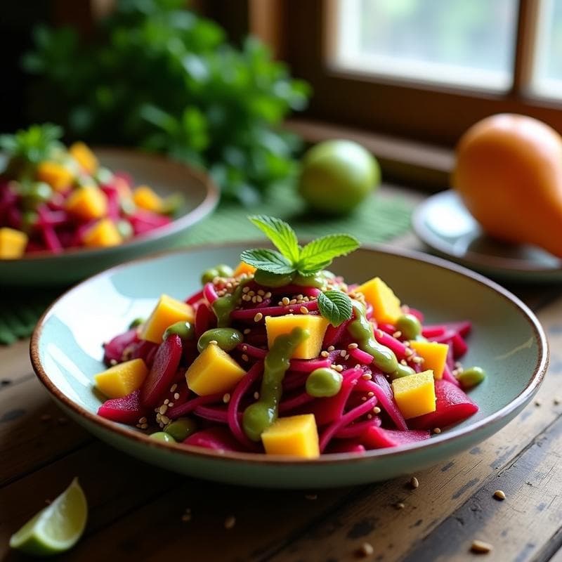 Ceviche de Remolacha y Mango con Vinagreta de Limón Verde: Receta Peruana Vegana en 10 Minutos