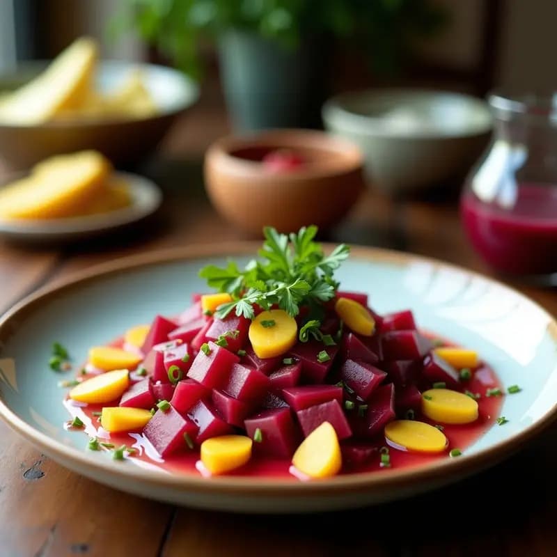 Ceviche de Remolacha y Mangostán: Receta Fusion Peruano-Tailandesa con Leche de Tigre de Tamarindo