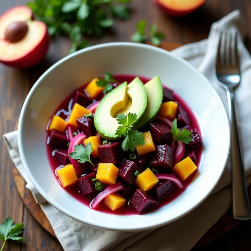 Ceviche de Remolacha y Melocotón con Vinagreta de Jengibre: Receta Peruana Vegana y Refrescante