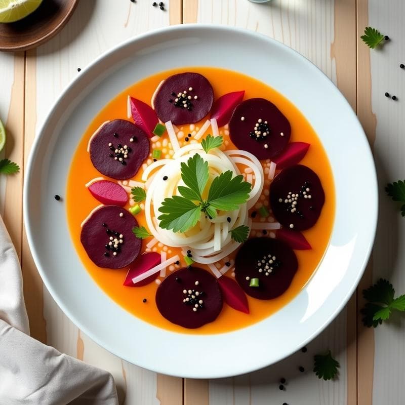 Ceviche de Remolacha y Raíz de Loto con Leche de Tigre de Cítricos: Receta Vegana y Crudivegana