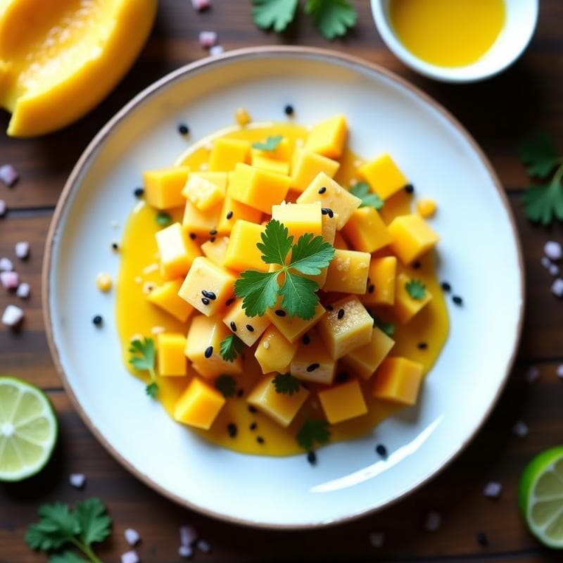 Ceviche de saliot y mango con leche de tigre de maracuyá: Receta Peruana Sin Gluten
