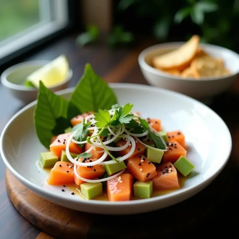 Ceviche de Salmón con Aguacate y Salsa de Miso: Receta Fusion Japo-Peruana