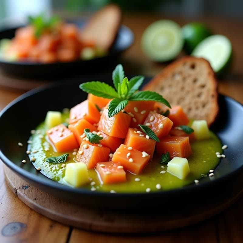 Ceviche de Salmón Ahumado con Leche de Tigre de Limón Verde y Jengibre: Receta Peruana-Nórdica Fusion