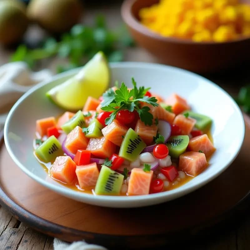Ceviche de Salmón con Kiwi y Jengibre: Receta Peruana Fresca y Sin Cocción