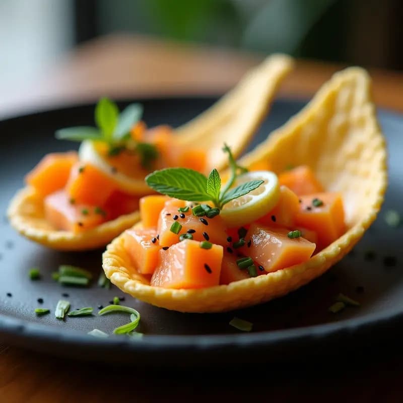 Ceviche de Salmón con Lichi y Cúrcuma: Receta Fusion Asia-Pacífico en Cuchara Comestible