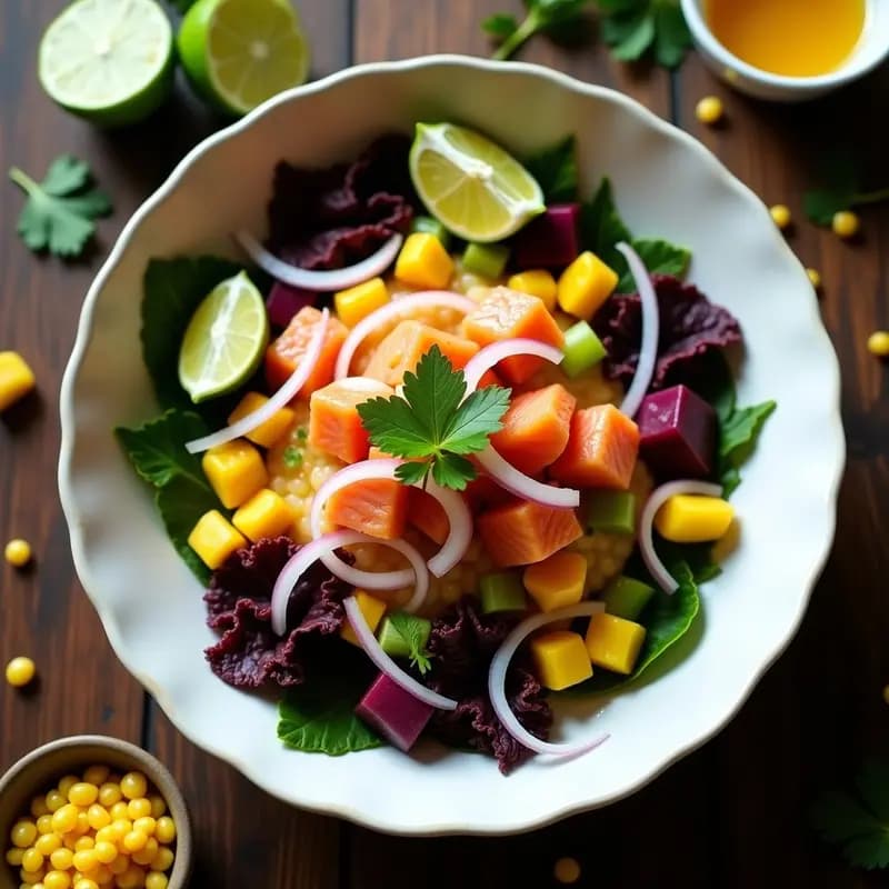 Ceviche de Salmón y Lima: Receta Peruana Fresca con Camote Morado y Choclo