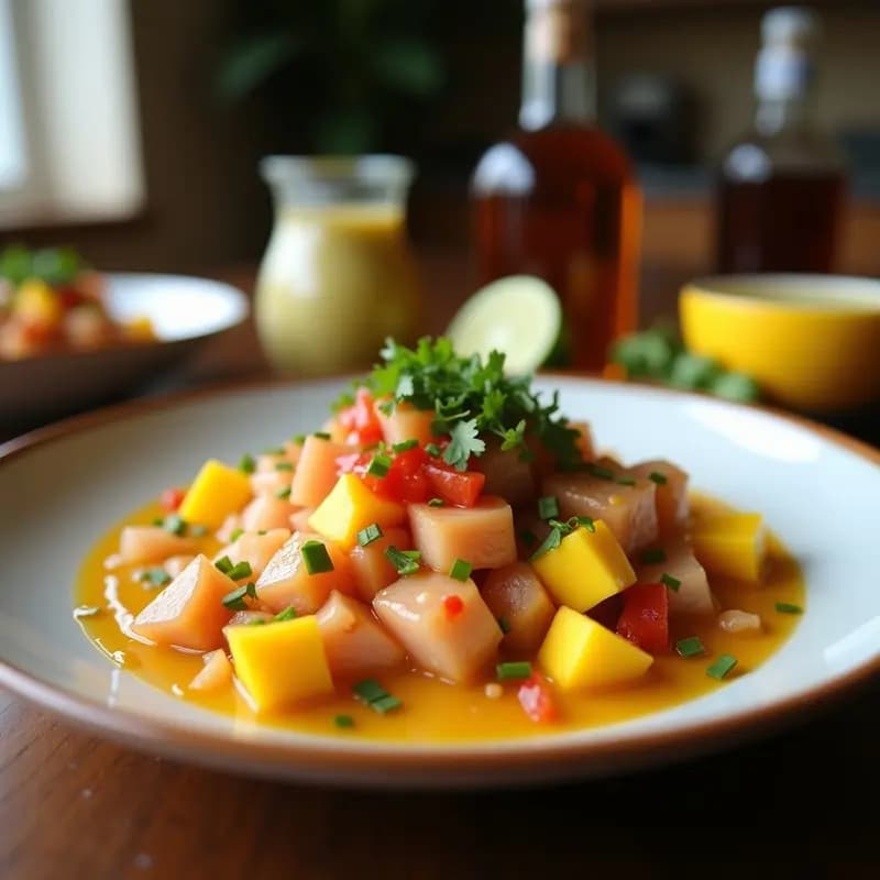 Ceviche de Salmón con Mango y Agridulce de Tamarindo: Receta Peruana-Japonesa Fresca en 15 Minutos