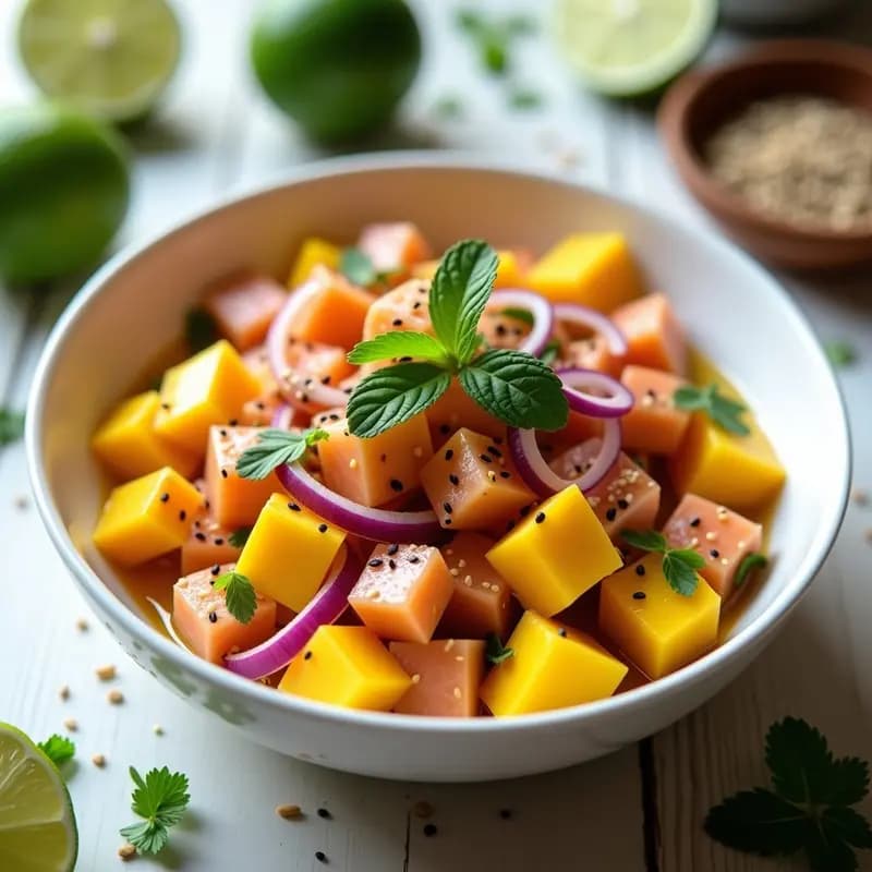 Ceviche de Salmón con Mango y Aceite de Sésamo: Receta Peruana Keto en 15 Minutos