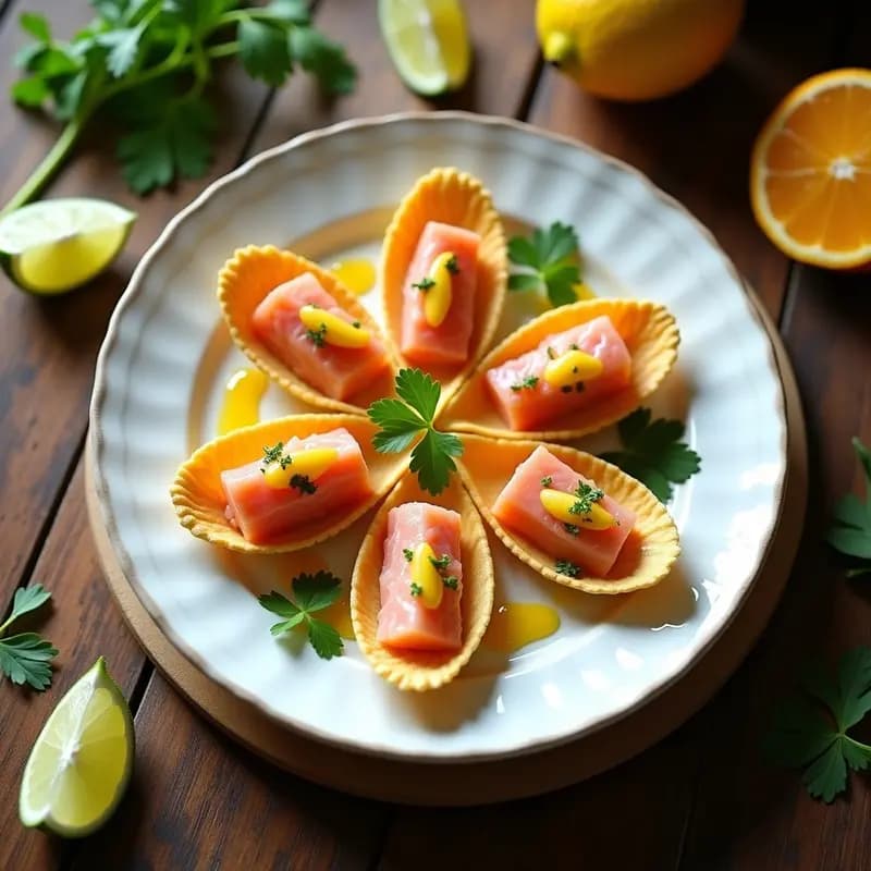 Ceviche de Salmón y Maracuyá en Cuchara Comestible de Parmesano: Entrante Peruano Gourmet