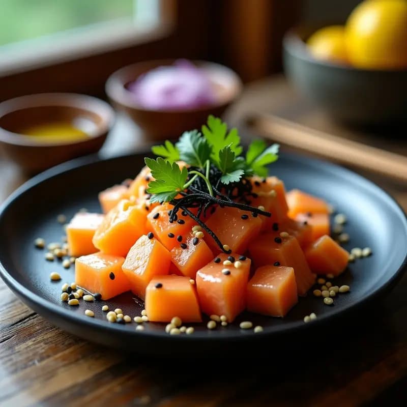 Ceviche de Salmon con Maracuyá y Jengibre: Receta Peruano-Japonesa Fusion sin Cocción