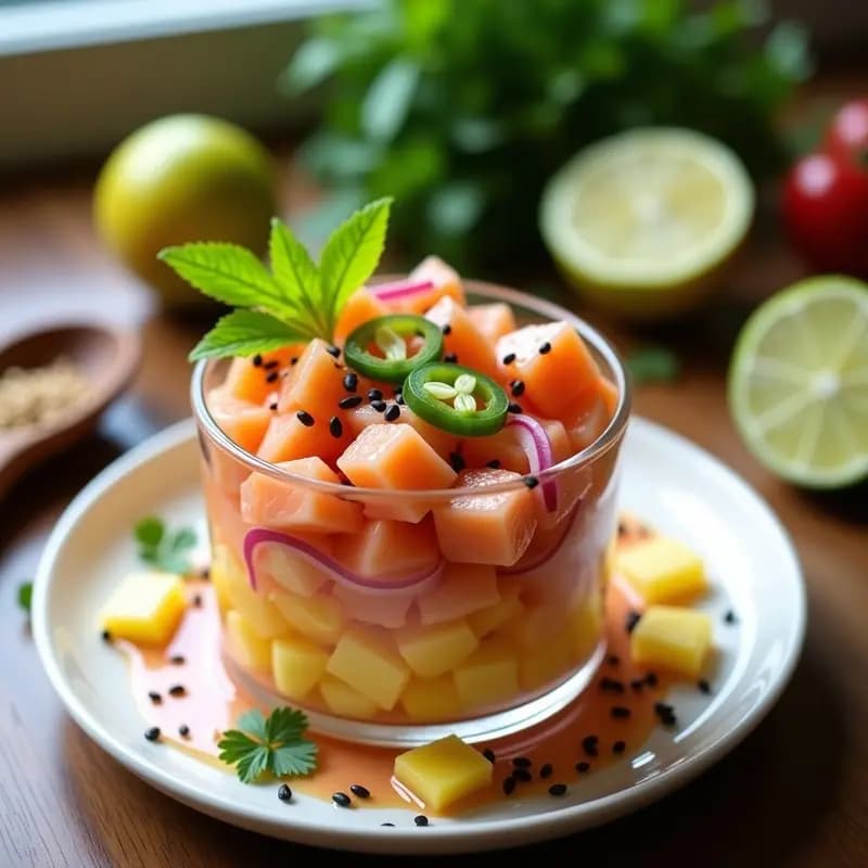 Ceviche de Salmón con Piña y Jalapeño: Receta Fusion Peruano-Hawaiana
