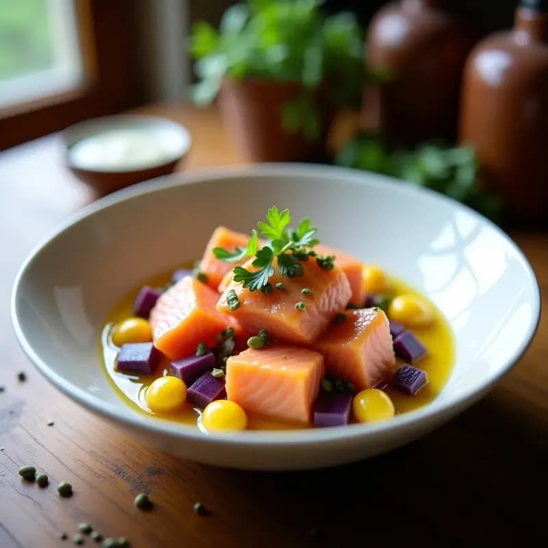 Ceviche de Salmón con Marvinagre de Granadilla: Receta Peruana con Toque Exótico