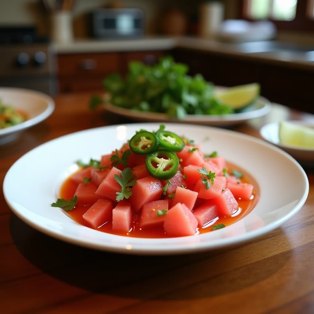 Ceviche de Sandía y Jalapeño: Receta Peruana Picante con Leche de Coco y Lima