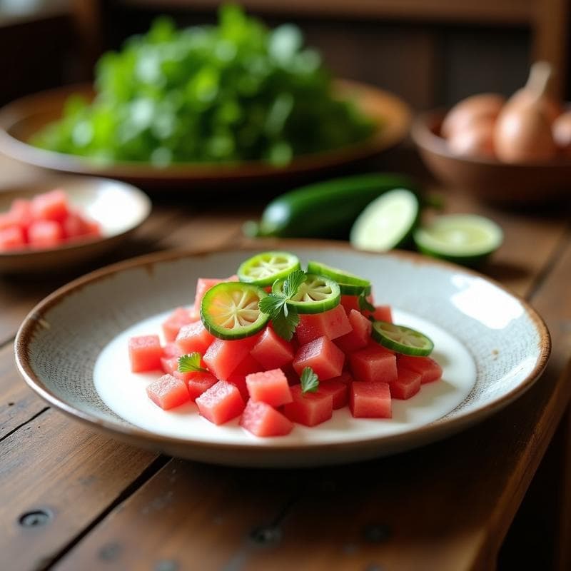 Ceviche de Coral de Sandía y Pepino con Leche de Coco: Receta Vegana Sin Cocción en 10 Minutos